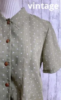 ヴィンテージ 水玉 ドット 総柄 若草色 グリーン ブラウス Y2K