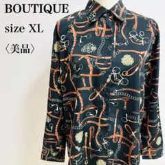 高級スカーフ柄 レトロシャツ ベルト&チェーン ネイビー×オレンジ ゆったりXL