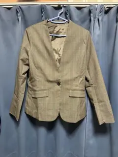 ブラウン チェック柄 ノーカラージャケット