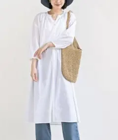 大人可愛い総刺繍バンドカラー９分袖コットンシャツワンピース