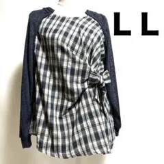 新品【ＬＬ】プルオーバー♡ラグラン袖ネイビー✖︎チェック♡ウエストリボン