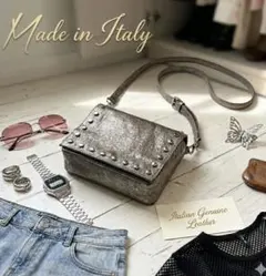 【イタリア製本革】Y2K メタリックゴールド スタッズ ショルダーバッグ
