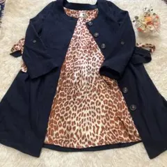 美品　薄手　ノーカラー　2way袖　内側ヒョウ柄　コート　紺色　Sサイズ