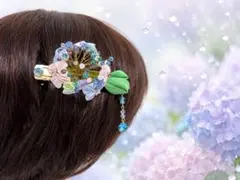 お花の髪飾り つまみ細工 紫陽花のバレッタ＊ 和風ヘアアクセサリー No.329