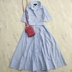 【タグ付き】ザラシャツワンピース ロングブルーストライプ リボン