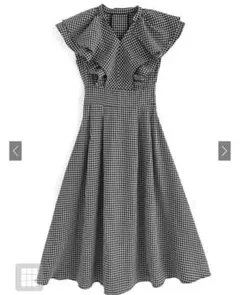 ギンガムチェック柄Vネックフリルフレアワンピース