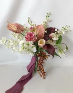 ボルドー、テラコッタカラーのウェディングブーケ　アーティシャルフラワー　胡蝶蘭