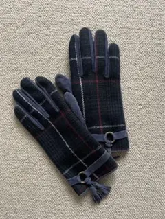 美品　訳あり　ベルトデザインチェック柄ウール手袋　レディース手袋　ブルー
