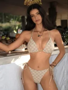 【美品】海外 水着 ビキニ インポート 韓国 ベージュ レース リゾート