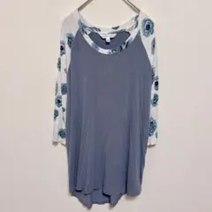 七分袖 ラグラン カットソー 【M】花柄 ブルー Tシャツ トップス ロンT