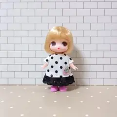 ぷちリカちゃん服 苺モチーフのドット柄トップス&ボトム ハンドメイド