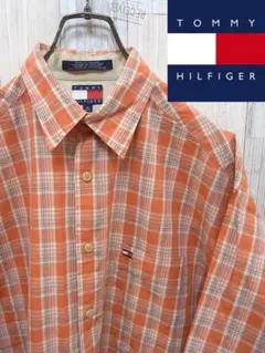 TOMMY HILFIGER M オレンジ×マルチカラー 半袖チェックシャツ