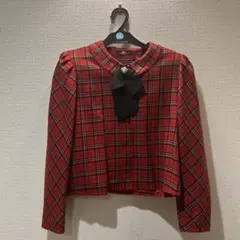 希少 昭和レトロ タータンチェック シャツ ブラウス リボン付 赤