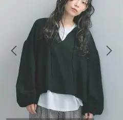 スタジオクリップ♡コットンリネンチェックボリュームスリーブブラウス♡ブラック♡Fのサムネイル