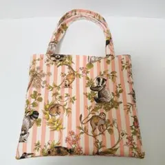 ハンドメイド　ぺたんこバッグ　ピンクストライプ　アニマル