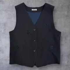 【り様専用】ベストジレブラック　花柄　刺繍　キュプラ　Mサイズ　古着　モノトーン