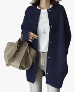 ノーカラーコート　レディース　L ネイビー