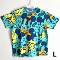美品 • ディズニーリゾート ミッキー 総柄 半袖Tシャツ、カラフル 水色【Ｌ】