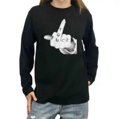 新品 FUCK YOU ペイント 中指立て 挑発 ハンドジェスチャー 黒 ロンT