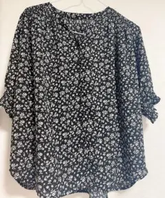 earth 花柄シフォンブラウス 七分袖 M 黒白