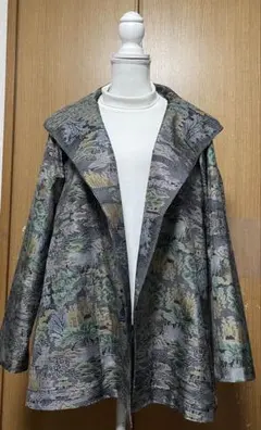 着物リメイク　大島のAラインフード付きジャケット　L〜LLサイズのサムネイル
