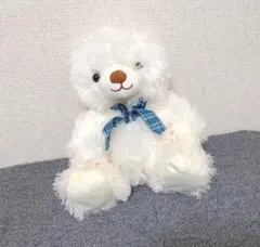 白いテディベア くまのぬいぐるみ 青いりぼん リボン ホワイトベア