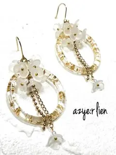 フラワー　フープチェーン　ステンレスフックピアス　ゴールド