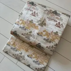 ■C776■アンティーク■正絹■金彩・銀彩　楼閣に鶴風景模様　丸帯風　名古屋帯■