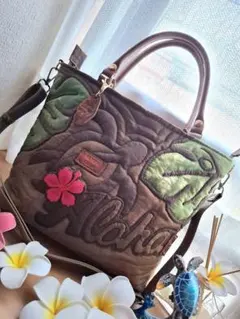 ハワイアンキルト　横長バッグ　2WAY　ファスナー付き　ホヌ