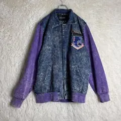 L　デニムスタジャン　切り替え　バックビッグプリント　ワッペン　裏地レオパード柄