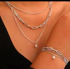 【２セット】3連チェーン ネックレスとブレスレット パール サージカルステンレス