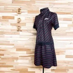 【フィラゴルフ】ゴルフ ストライプ ハイネック 半袖 ワンピース M 紺×赤