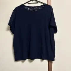 earth music&ecology レース切替 半袖カットソー ネイビー F