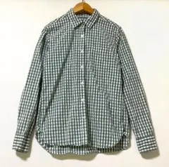 無印良品　レギュラーカラーの緑×白ギンガムチェックの長袖ブラウス　シャツ