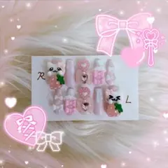 ネイルチップ現品 平成女児いちご量産型地雷系サブカルピンクリボン