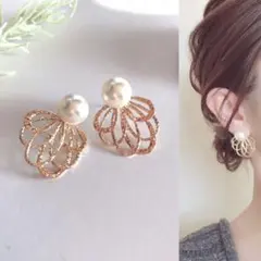 パール×メタルシャワー♡結婚式 入園式 入学 ハンドメイドピアス イヤリング