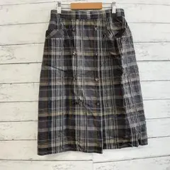 チェック柄 フレア 膝丈スカート 綿 リネン ブラウン 黒 上品 Mサイズ