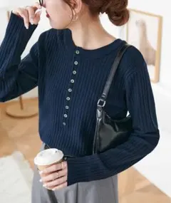 【WEB限定】リブ2WAY多釦プルオーバー ネイビー DISCOAT フリー