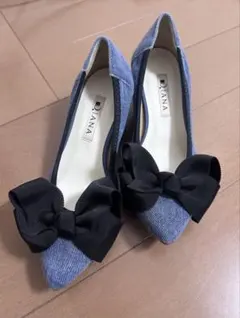 DIANA デニムブルー リボンパンプス