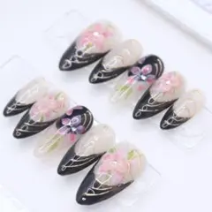 【182】ネイルチップSサイズ 黒フレンチ 手描き花柄　ベージュ ピンク 紫