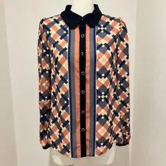 長袖ブラウス レトロ感 薄手 オレンジ ネイビー