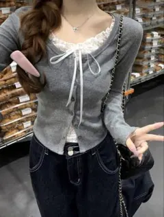 韓国風レースパッチワーク シングルブレスト長袖 2WAY トップス