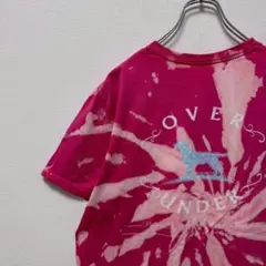 OVER UNDER Tシャツ わんちゃん ブリーチ タイダイ胸ポケ ピンク古着