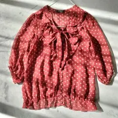 ［訳あり］リボンボウタイブラウス(М)　フリル　ドット　シアー素材　レトロ