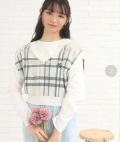 160cm ピンクラテ Vネック チェック ベスト ロンTシャツ 2枚 セット