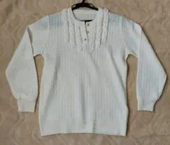 毛 白ニット 昭和レトロ ニット 金ボタン フリル セーター ヴィンテージ F