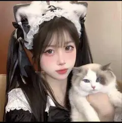 猫耳＆ヘッドドレス ブラック ハロウィン コスプレ ふわふわ リボン ハート