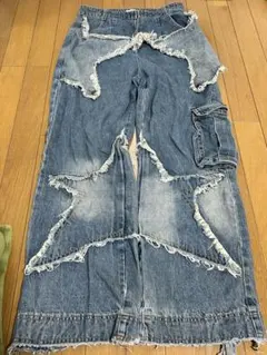 KENVIBE】個性的なパッチワークスター ワイド デニムパンツ サイズL 