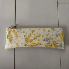 ペンケース スリムポーチ ラミネート ミモザ 花柄 黄色 ハンドメイド
