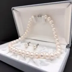 【テリ強】　本真珠　ネックレス　10.5-11.5mm　大珠　イヤリングセット